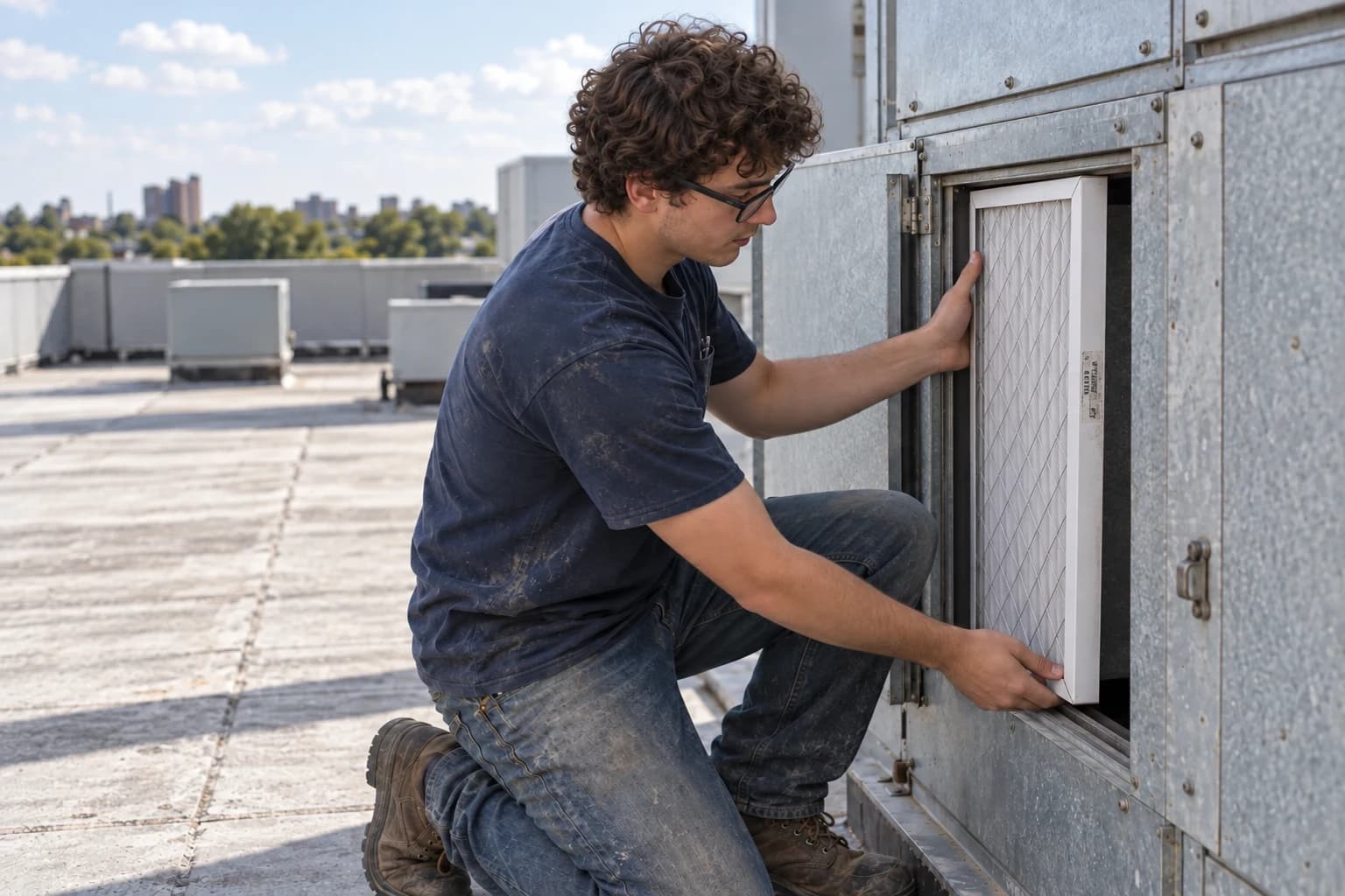 An HVAC apprentice wearing camera glasses nearly seats a replacement filter in a rooftop air handler, with its lower corner just outside the guide rail.